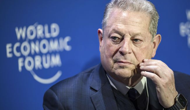 Al Gore, former vice-President of the United States and Chairman and Co-Founder of Generation Investment Management, reacts during the 53rd annual meeting of the World Economic Forum, WEF, in Davos, Switzerland, Tuesday, January 17, 2023. The meeting brings together entrepreneurs, scientists, corporate and political leaders in Davos under the topic &quot;Cooperation in a Fragmented World&quot; from 16 to 20 January. (Laurent Gillieron/Keystone via AP)