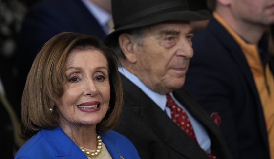 Rep. Nancy Pelosi, D-Calif., and her husband Paul Pelosi arrive before President Joe Biden welcomes the 2022 NBA champions, the Golden State Warriors, to the East Room of the White House in Washington, Tuesday, Jan 17, 2023. (AP Photo/Susan Walsh)