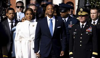 Maryland Gov.-elect Wes Moore leads a march to the State House prior to his inauguration in Annapolis, Md., Wednesday, Jan. 18, 2023. (AP Photo/Julia Nikhinson)