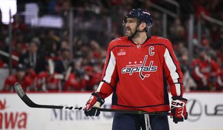 Washington Capitals left wing Alex Ovechkin (8) in action during the first period of an NHL hockey game against the Minnesota Wild, Tuesday, Jan. 17, 2023, in Washington. (AP Photo/Nick Wass)