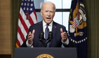President Joe Biden speaks from the Treaty Room in the White House on April 14, 2021, about the withdrawal of the remainder of U.S. troops from Afghanistan. (AP Photo/Andrew Harnik, Pool, File)