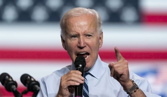 President Joe Biden speaks during a rally for the Democratic National Committee at Richard Montgomery High School, Aug. 25, 2022, in Rockville, Md. (AP Photo/Alex Brandon, File)
