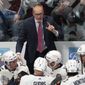 Florida Panthers coach Paul Maurice talks to players during the third period of the team&#39;s NHL hockey game against the Colorado Avalanche on Tuesday, Jan. 10, 2023, in Denver. (AP Photo/David Zalubowski)