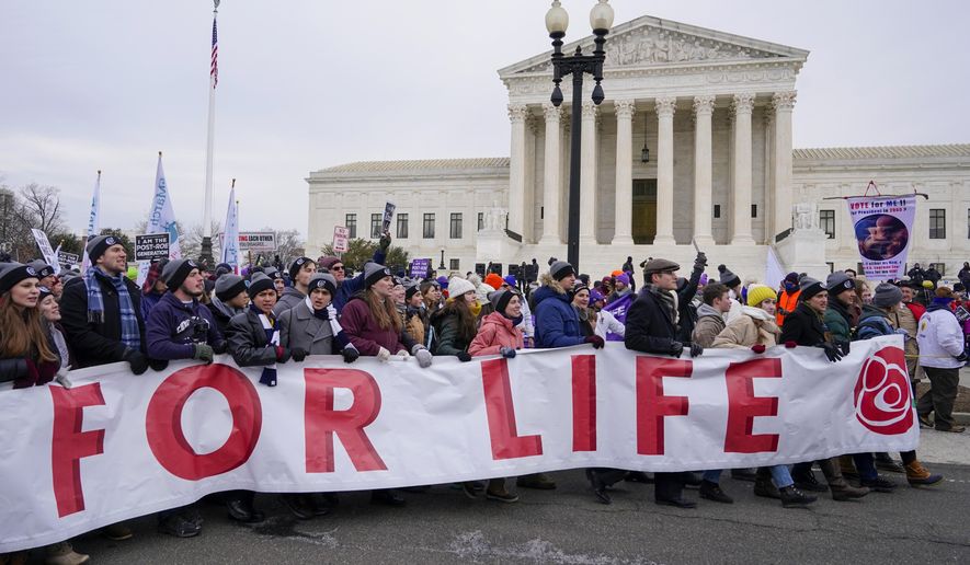 People participate in the March for Life outside the U.S. Supreme Court on Capitol Hill in Washington, Jan. 21, 2022. The annual March for Life will be held Friday, Jan. 20, 2023. (AP Photo/Patrick Semansky, File)