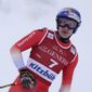 Switzerland&#39;s Marco Odermatt arrives at the finish area during an alpine ski, men&#39;s World Cup downhill race in Kitzbuehel, Austria, Friday, Jan. 20, 2023. (AP Photo/Giovanni Auletta)