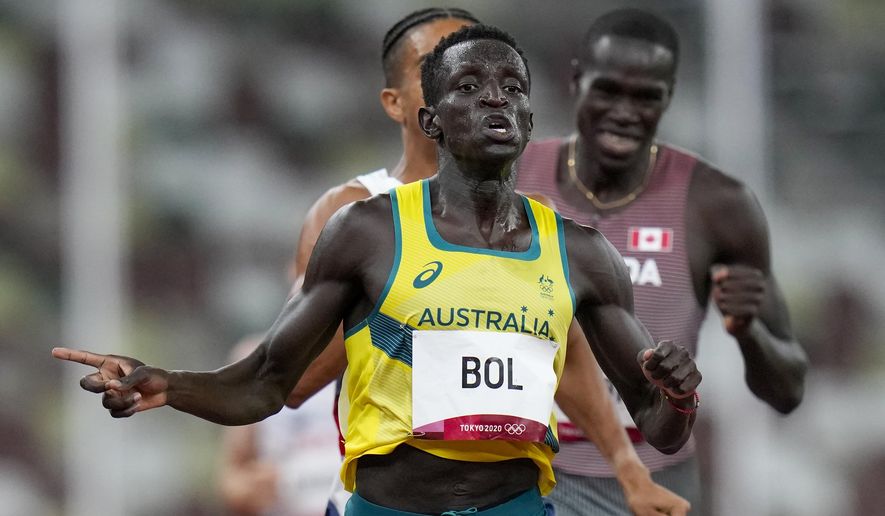 Peter Bol, of Australia, wins a men&#39;s 800-meter semifinal at the 2020 Summer Olympics, on Aug. 1, 2021, in Tokyo. Australian Olympic middle-distance runner and 2022 Commonwealth Games silver medalist Peter Bol has tested positive to a banned performance-enhancing drug, according to Athletics Australia on Friday, Jan. 20, 2023. (AP Photo/Petr David Josek, File)