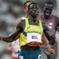 Peter Bol, of Australia, wins a men&#39;s 800-meter semifinal at the 2020 Summer Olympics, on Aug. 1, 2021, in Tokyo. Australian Olympic middle-distance runner and 2022 Commonwealth Games silver medalist Peter Bol has tested positive to a banned performance-enhancing drug, according to Athletics Australia on Friday, Jan. 20, 2023. (AP Photo/Petr David Josek, File)
