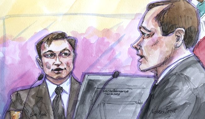In this courtroom sketch,  Elon Musk, left, with shareholder attorney Nicholas Porritt, appears in federal court in San Francisco, Friday, Jan. 20, 2023. Musk took the witness stand to defend a 2018 tweet claiming he had lined up the financing to take Tesla private in a deal that never came close to happening. The tweet resulted in a $40 million settlement with securities regulators. It also led to a class-action lawsuit alleging he misled investors, pulling him into court Friday. (Vicki Behringer via AP)