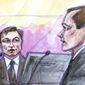 In this courtroom sketch,  Elon Musk, left, with shareholder attorney Nicholas Porritt, appears in federal court in San Francisco, Friday, Jan. 20, 2023. Musk took the witness stand to defend a 2018 tweet claiming he had lined up the financing to take Tesla private in a deal that never came close to happening. The tweet resulted in a $40 million settlement with securities regulators. It also led to a class-action lawsuit alleging he misled investors, pulling him into court Friday. (Vicki Behringer via AP)