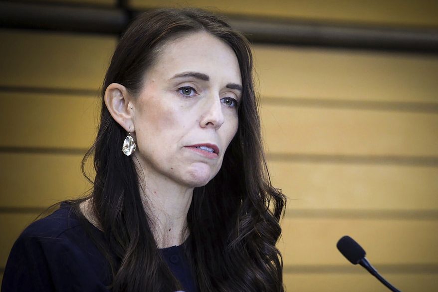 FILE - New Zealand Former Prime Minister Jacinda Ardern grimaces as she announces her resignation at a press conference in Napier, New Zealand Thursday, Jan. 19, 2023. Education Minister Chris Hipkins is set to become New Zealand&#x27;s next prime minister after he was the only candidate to replace Jacinda Ardern. (Warren Buckland/New Zealand Herald via AP, File)