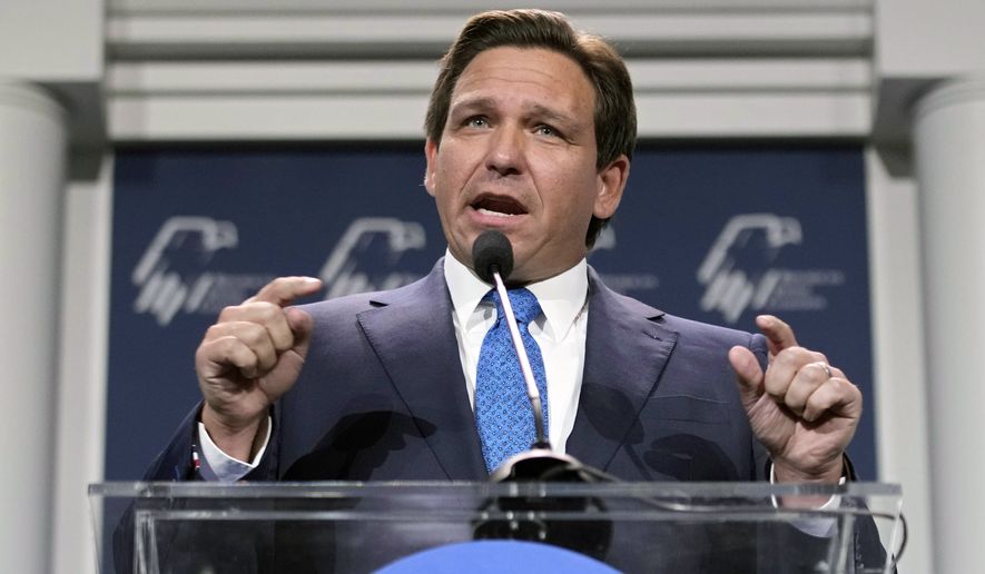 Florida Gov. Ron DeSantis speaks at an annual leadership meeting of the Republican Jewish Coalition on Nov. 19, 2022, in Las Vegas. A Florida prosecutor suspended by DeSantis will remain out of office after a federal judge on Friday, Jan. 20, 2023, ruled that he does not have the power to reinstate the prosecutor despite the removal violating the First Amendment and Florida Constitution. (AP Photo/John Locher) **FILE**