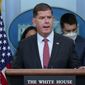 Labor Secretary Marty Walsh speaks during a briefing at the White House in Washington, May 16, 2022. Walsh is among those on the shortlist to succeed White House chief of staff Ron Klain, who is preparing to leave his job in the coming weeks, according to a person familiar with Klain&#39;s plans.(AP Photo/Susan Walsh, File)