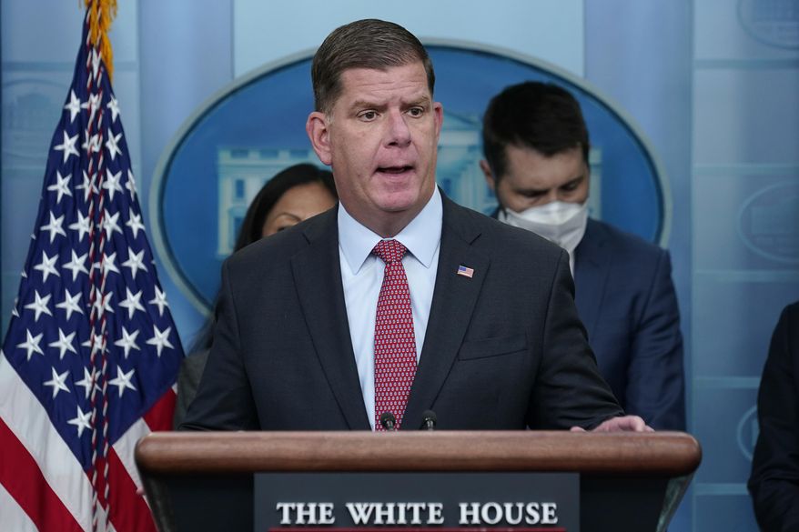 Labor Secretary Marty Walsh speaks during a briefing at the White House in Washington, May 16, 2022. Walsh is among those on the shortlist to succeed White House chief of staff Ron Klain, who is preparing to leave his job in the coming weeks, according to a person familiar with Klain&#x27;s plans.(AP Photo/Susan Walsh, File)