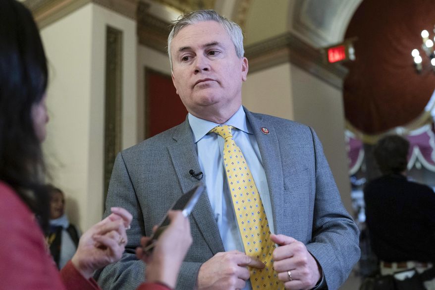 Rep. James Comer, R-Ky., talks to reporters as he walks to the House chamber, on Capitol Hill in Washington, Jan. 12, 2023. (AP Photo/Jose Luis Magana, File)