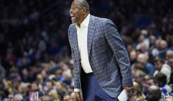Georgetown head coach Patrick Ewing yells from the sideline during the first half of an NCAA college basketball game against Xavier, Saturday, Jan. 21, 2023, in Cincinnati. (AP Photo/Joshua A. Bickel)