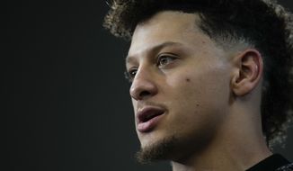 Kansas City Chiefs quarterback Patrick Mahomes speaks during a news conference after an NFL divisional round playoff football game between the Kansas City Chiefs and the Jacksonville Jaguars, Saturday, Jan. 21, 2023, in Kansas City, Mo. The Kansas City Chiefs won 27-20. (AP Photo/Jeff Roberson)