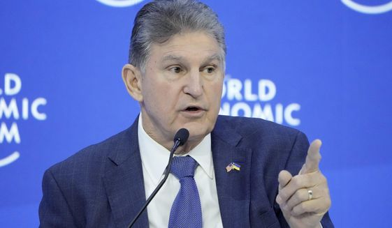 Sen. Joe Manchin talks at the World Economic Forum in Davos, Switzerland, Jan. 19, 2023. Senior Democratic lawmakers have turned sharply more critical of President Joe Biden’s handling of classified materials after the FBI discovered additional items with classified markings at Biden’s home. Manchin is urging the president to tell the public, “‘Look, I was irresponsible.”‘ (AP Photo/Markus Schreiber, File)