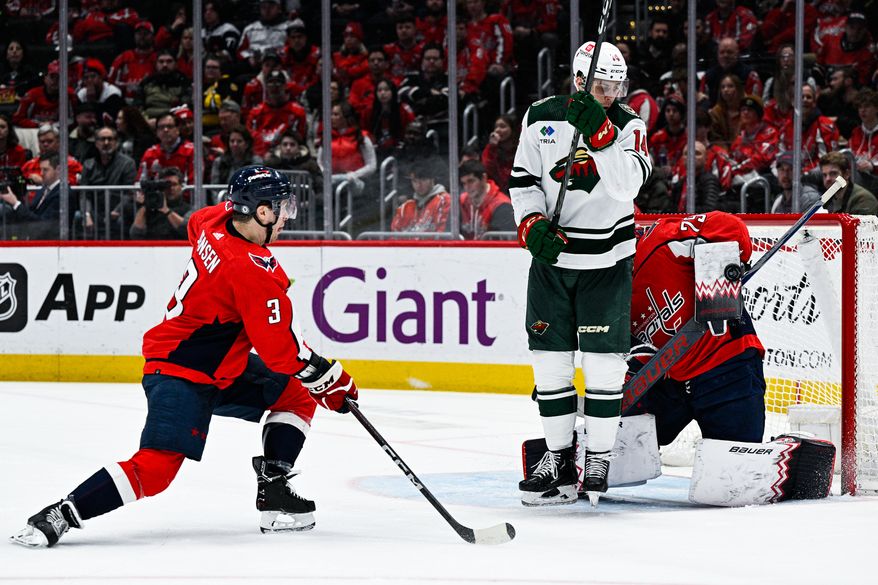 Washington Capitals goalie Charlie Lindgren (79) deflects the puck away against the Minnesota Wild at Capital One Arena, Washington, D.C., January 17, 2023. (Photo by Brian Murphy)