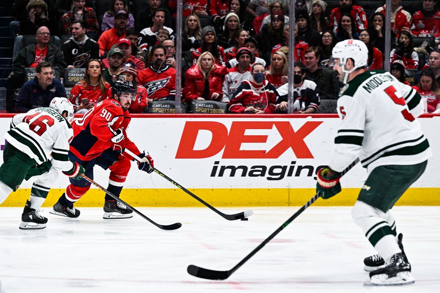 Washington Capitals left wing Marcus Johansson (90) plays in his 800th career game as Washington hosts the Minnesota Wild at Capital One Arena, Washington, D.C., January 17, 2023. (Photo by Brian Murphy)