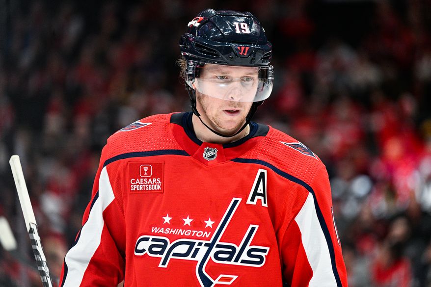 Washington Capitals center Nicklas Backstrom (19) readies himself for a face-off against the Minnesota Wild at Capital One Arena, Washington, D.C., January 17, 2023. (Photo by Brian Murphy)