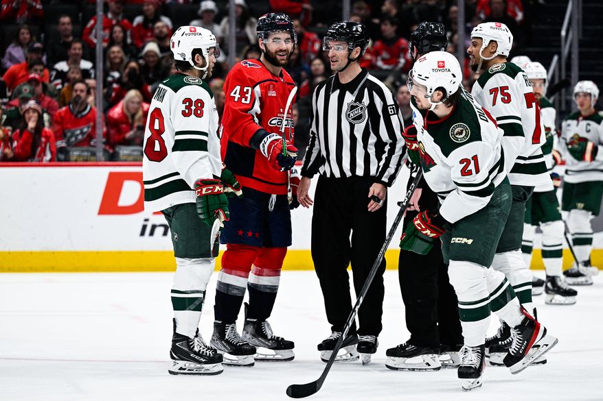 Washington Capitals forward Tom Wilson (43) laughs off an attempt by Minnesota Wild enforcer Ryan Reaves (75) to drop the gloves and fight at Capital One Arena, Washington, D.C., January 17, 2023. (Photo by Brian Murphy)