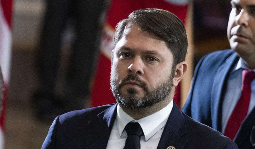 Rep. Ruben Gallego, D-Ariz., is seen in the U.S. Capitol, July 14, 2022, in Washington. Gallego says he’ll challenge independent U.S. Sen. Kyrsten Sinema of Arizona in 2024. Monday&#39;s announcement makes Gallego the first candidate to jump into the race in the battleground state and sets up a potential three-way contest. No Republican has currently announced a run. (Tom Williams/Pool photo via AP, File)