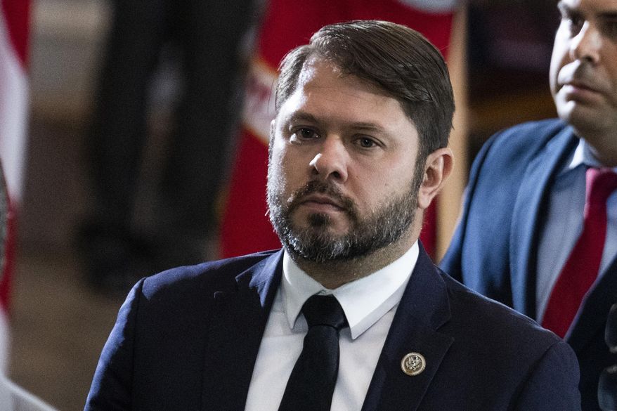 Rep. Ruben Gallego, D-Ariz., is seen in the U.S. Capitol, July 14, 2022, in Washington. Gallego says he’ll challenge independent U.S. Sen. Kyrsten Sinema of Arizona in 2024. Monday&#x27;s announcement makes Gallego the first candidate to jump into the race in the battleground state and sets up a potential three-way contest. No Republican has currently announced a run. (Tom Williams/Pool photo via AP, File)