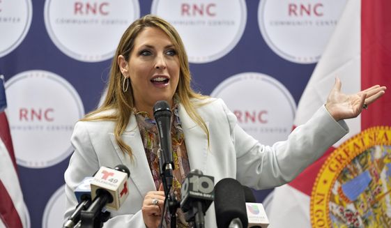 Republican National Committee Chairman Ronna McDaniel speaks during a Get Out To Vote rally on Oct. 18, 2022, in Tampa, Fla. The race for RNC chair will be decided on Friday by secret ballot as Republican officials from all 50 states gather in Southern California. McDaniel is fighting for reelection against rival Harmeet Dhillon, one of former President Donald Trump’s attorneys. (AP Photo/Chris O&#39;Meara, File)