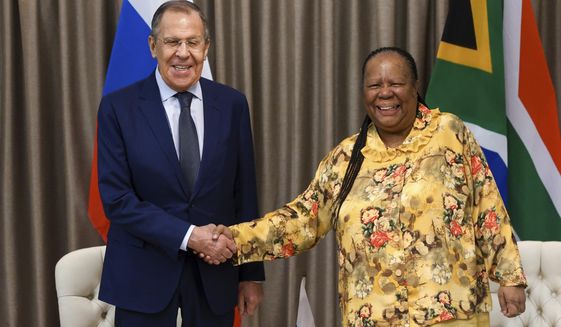 In this photo released by the Russian Foreign Ministry Press Service, Russia&#x27;s Foreign Minister Sergey Lavrov, left, and his South Africa&#x27;s counterpart Naledi Pandor pose for a photo prior to their talks in Pretoria, South Africa, Monday, Jan. 23, 2023. (Russian Foreign Ministry Press Service via AP)