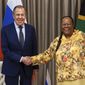In this photo released by the Russian Foreign Ministry Press Service, Russia&#39;s Foreign Minister Sergey Lavrov, left, and his South Africa&#39;s counterpart Naledi Pandor pose for a photo prior to their talks in Pretoria, South Africa, Monday, Jan. 23, 2023. (Russian Foreign Ministry Press Service via AP)