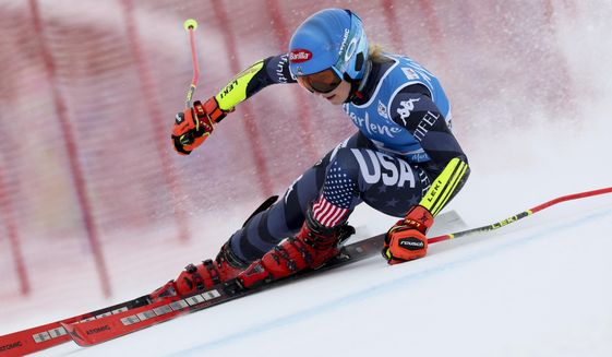 United States&#39; Mikaela Shiffrin speeds down the course during an alpine ski, women&#39;s World Cup giant slalom, in Kronplatz, Italy, Tuesday, Jan. 24, 2023. (AP Photo/Alessandro Trovati)