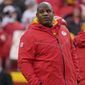 Kansas City Chiefs offensive coach Eric Bieniemy watches warms up prior prior to an NFL Divisional Playoff football game against the Jacksonville Jaguars Saturday, Jan. 21, 2023, in Kansas City, Mo. (AP Photo/Ed Zurga) **FILE**