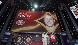 Iowa State quarterback Brock Purdy gets picked as Mr. Irrelevant by the San Francisco 49ers as the 262nd and last pick of the 2022 NFL Draft on Saturday, April 30, 2022, in Las Vegas. With one more win for the 49ers, Purdy will be the first rookie QB to start in a Super Bowl. (AP Photo/Doug Benc, File)