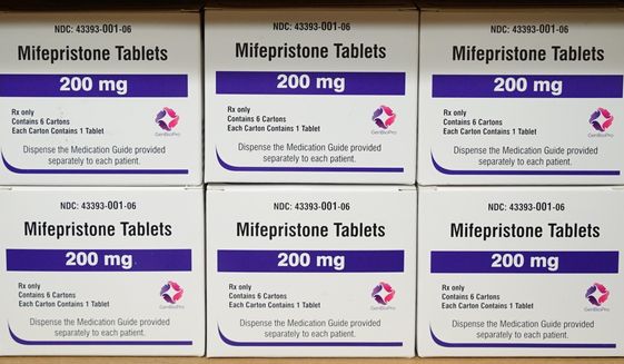 Boxes of the drug mifepristone sit on a shelf at the West Alabama Women&#39;s Center in Tuscaloosa, Ala., on March 16, 2022. Lawsuits have been filed in West Virginia and North Carolina challenging the states&#39; restrictions on the use of abortion pills. (AP Photo/Allen G. Breed, File)