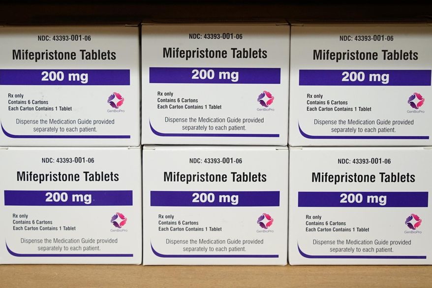 Boxes of the drug mifepristone sit on a shelf at the West Alabama Women&#x27;s Center in Tuscaloosa, Ala., on March 16, 2022. Lawsuits have been filed in West Virginia and North Carolina challenging the states&#x27; restrictions on the use of abortion pills. (AP Photo/Allen G. Breed, File)
