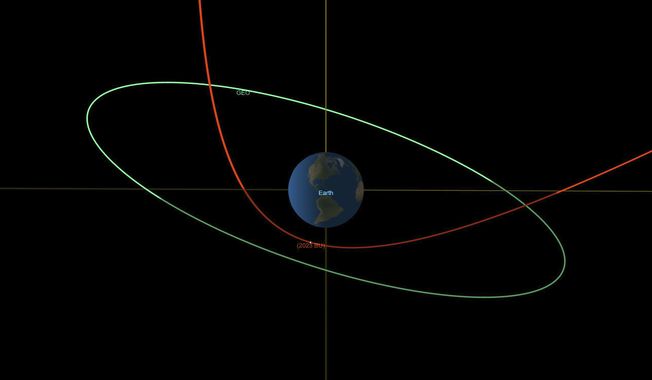 This diagram made available by NASA shows the estimated trajectory of asteroid 2023 BU, in red, affected by the earth&#x27;s gravity, and the orbit of geosynchronous satellites, in green. On Wednesday, Jan. 25, 2023, NASA revealed that this newly discovered asteroid, about the size of a truck, will zoom 2,200 miles above the southern tip of South America Thursday evening. Scientists say there is no risk of an impact. Even if it came a lot closer, scientists say it would burn up in the atmosphere, with only a few small pieces reaching the surface. (NASA/JPL-Caltech)