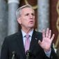 Speaker of the House Kevin McCarthy, R-Calif., speaks during a news conference in Statuary Hall at the Capitol in Washington, Thursday, Jan. 12, 2023. (AP Photo/Jose Luis Magana)