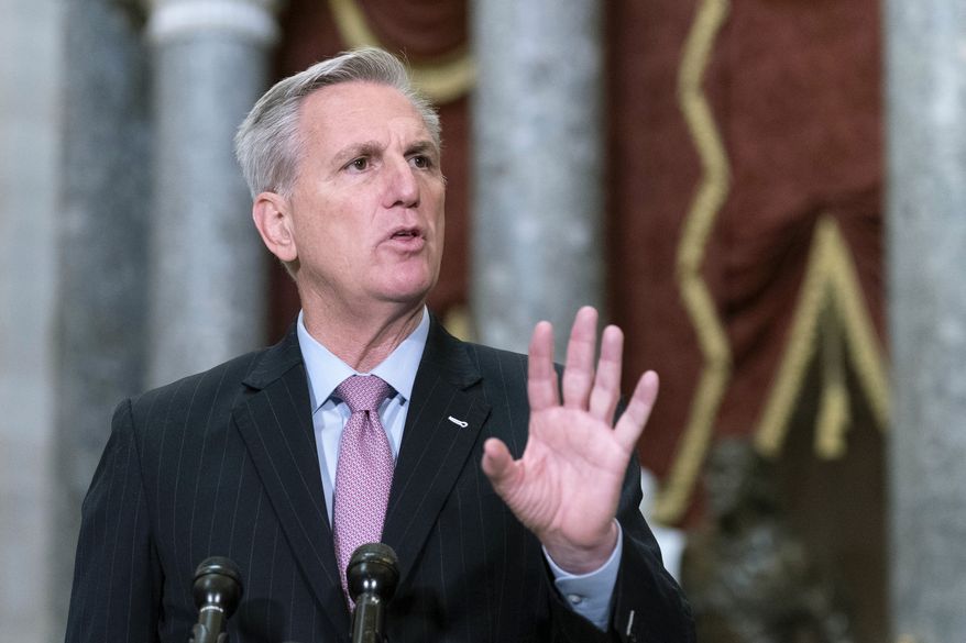 Speaker of the House Kevin McCarthy, R-Calif., speaks during a news conference in Statuary Hall at the Capitol in Washington, Thursday, Jan. 12, 2023. (AP Photo/Jose Luis Magana)
