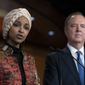 Rep. Ilhan Omar, D-Minn., with Rep. Adam Schiff, D-Calif., right, speaks during a news conference on Capitol Hill in Washington, Wednesday, Jan. 25, 2023, in Washington. Minority Leader Hakeem Jeffries of N.Y., has nominated the two California lawmakers for the Intelligence Committee in open defiance of House Speaker Kevin McCarthy&#39;s vow to block them. Jeffries asked that Schiff and Swalwell be reappointed to the Intelligence panel. (AP Photo/Manuel Balce Ceneta)