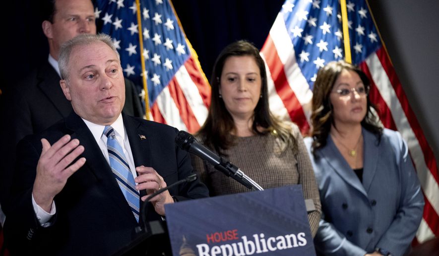 House Majority Leader Rep. Steve Scalise, R-La., accompanied by Rep. August Pfluger, R-Texas, top left, Republican Conference Chairman Rep. Elise Stefanik, R-N.Y., second from right, and Rep. Lori Chavez-DeRemer, R-Ore., right, speaks at a news conference on Capitol Hill in Washington, Wednesday, Jan. 25, 2023. (AP Photo/Andrew Harnik)