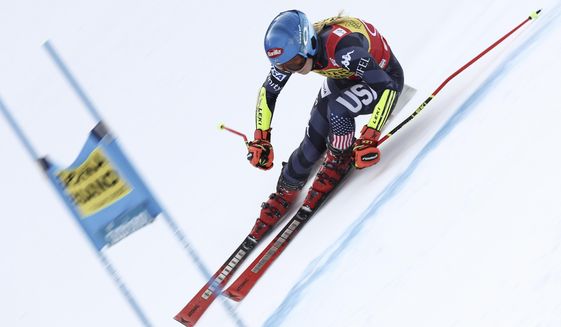 United States&#39; Mikaela Shiffrin speeds down the course during an alpine ski, women&#39;s World Cup giant slalom, in Kronplatz, Italy, Wednesday, Jan. 25, 2023. (AP Photo/Gabriele Facciotti)