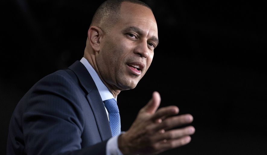 House Minority Leader Hakeem Jeffries, D-N.Y., derides the new Republican majority over plans to consider a national sales tax and other issues, during a news conference at the Capitol in Washington, Thursday, Jan. 26, 2023. (AP Photo/J. Scott Applewhite)