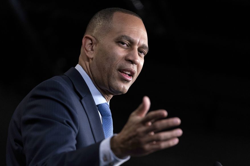 House Minority Leader Hakeem Jeffries, D-N.Y., derides the new Republican majority over plans to consider a national sales tax and other issues, during a news conference at the Capitol in Washington, Thursday, Jan. 26, 2023. (AP Photo/J. Scott Applewhite)