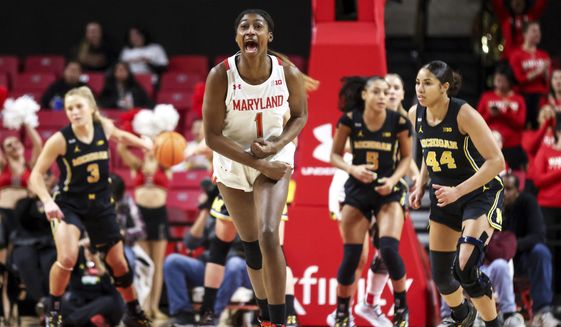 Maryland guard Diamond Miller (1) reacts during the first half of an NCAA college basketball game against Michigan, Thursday, Jan. 26, 2023, in College Park, Md. (AP Photo/Julia Nikhinson)