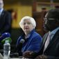 U.S. Treasury Secretary Janet Yellen, left, listens as South Africa&#39;s Minister of Finance Enoch Godongwana makes his opening remarks during their meeting at the National Treasury in Pretoria, South Africa, Thursday, Jan. 26, 2023, part of her South Africa visit. AYellen is on a 10-day tour of Africa, part of a push by the Biden administration to engage more with the world&#39;s second-largest continent. (AP Photo/Themba Hadebe)