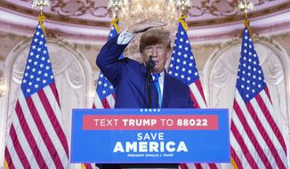 Former President Donald Trump speaks at Mar-a-lago on Election Day, Nov. 8, 2022, in Palm Beach, Fla. Trump is set to kick off his 2024 White House bid with visits to a pair of early voting states. The appearances on Saturday, Jan. 28, 2023, will mark Trump&#39;s first campaign events since launching his bid more than two months ago. (AP Photo/Andrew Harnik, File)