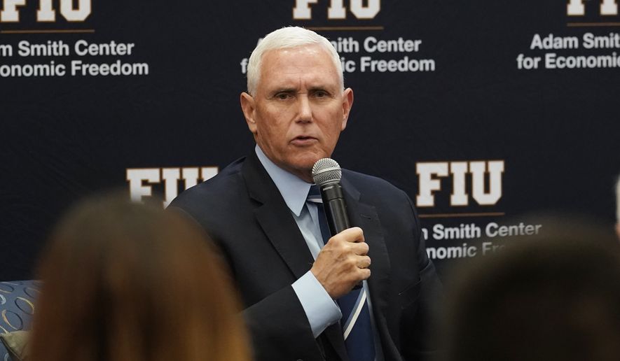 Former Vice President Mike Pence said he takes &quot;full responsibility&quot; after classified documents were found at his Indiana home while speaking at Florida International University, Friday, Jan. 27, 2023, in Miami. Pence was talking about the economy and promoting his new book, &quot;So Help Me God.&quot; (AP Photo/Marta Lavandier) ** FILE **