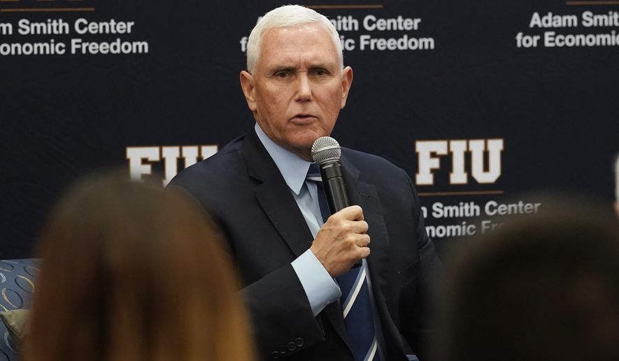 Former Vice President Mike Pence said he takes "full responsibility" after classified documents were found at his Indiana home while speaking at Florida International University, Friday, Jan. 27, 2023, in Miami. Pence was talking about the economy and promoting his new book, "So Help Me God." (AP Photo/Marta Lavandier) ** FILE **
