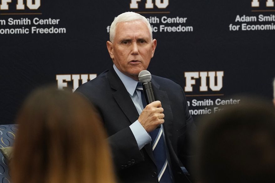 Former Vice President Mike Pence said he takes "full responsibility" after classified documents were found at his Indiana home while speaking at Florida International University, Friday, Jan. 27, 2023, in Miami. Pence was talking about the economy and promoting his new book, "So Help Me God." (AP Photo/Marta Lavandier) ** FILE **