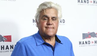 Jay Leno attends the Hand in Hand: A Benefit for Hurricane Harvey Relief in Los Angeles on Sept. 12, 2017. The comedian and former “Tonight Show” host told a Las Vegas Review-Journal columnist Thursday that he broke his collarbone and two ribs and cracked his kneecaps on Jan. 17.  (Photo by John Salangsang/Invision/AP, File)